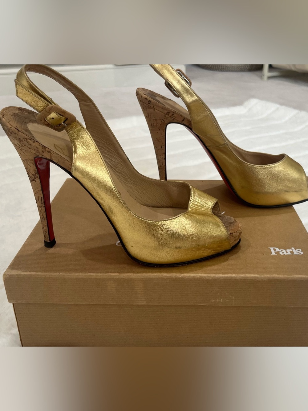 Christian Louboutin Gold Peep-Toe Slingback Heels